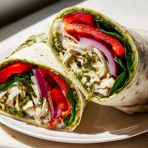 A delicious Pesto Chicken Wrap, showcasing tender chicken and creamy cheese with fresh vegetables.
