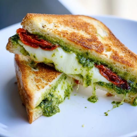 Crispy, toasted Pesto Grilled Cheese featuring creamy cheese, ready to be sliced and devoured.
