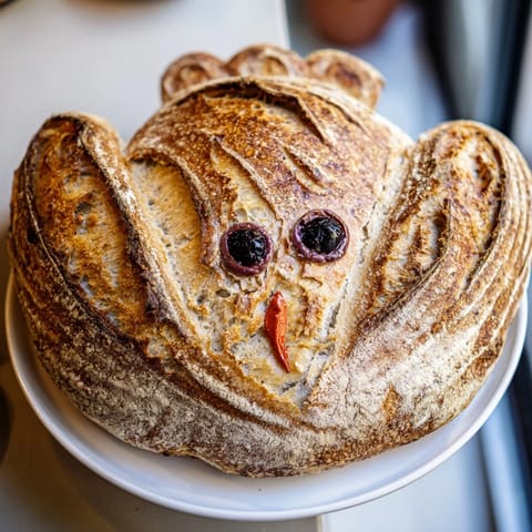 Cute turkey-shaped sourdough bread centerpiece decorated with olive eyes and a red wattle, ready for Thanksgiving dinner.