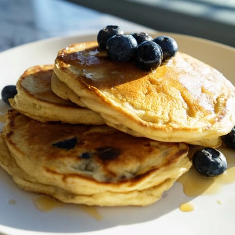 Fluffy, golden brown banana pancakes stack beautifully on a white plate, topped with fresh berries and a drizzle of maple syrup for a classic American breakfast.