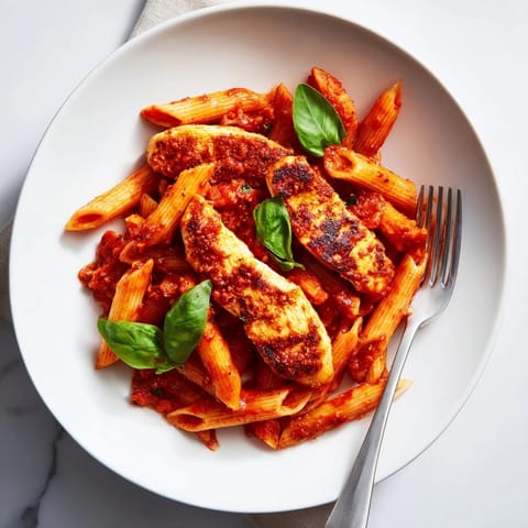 Spicy Tomato Chicken Pasta served in a rustic bowl, garnished with Parmesan cheese and chopped basil, alongside a glass of Pinot Grigio on a wooden table.