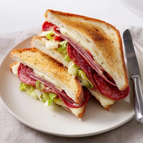 Melty Italian Sub Grilled Cheese layered with cured meats, tangy lettuce mix, and optional pepperoncini on buttery toasted bread.  