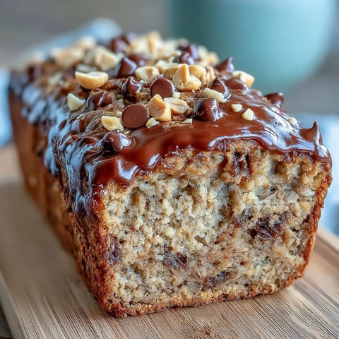 Golden-brown Chocolate Chip Peanut Butter Oatmeal Banana Bread loaf, fresh from the oven with chopped peanuts on top.