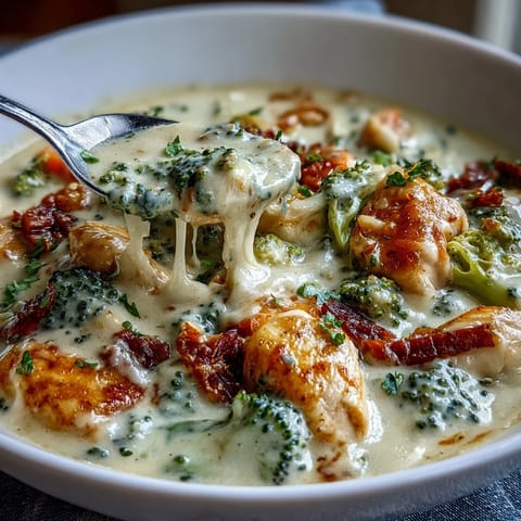 A warm bowl of Chicken Broccoli Cheddar Soup garnished with extra shredded cheddar cheese and fresh parsley.
