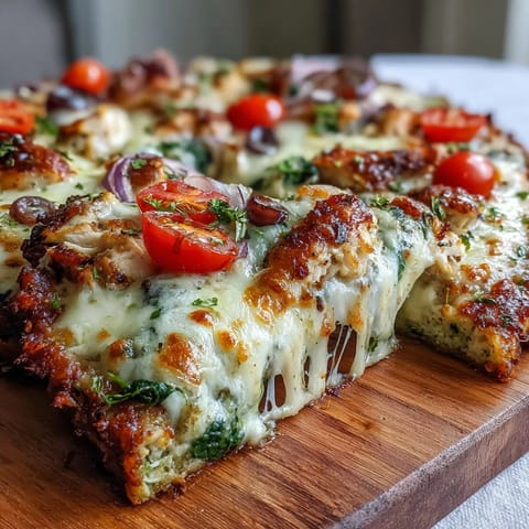 Golden Broccoli Chicken Crust Pizza with vibrant veggies and melted cheese.