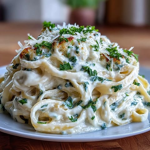 This vegetarian Easy Creamy Cauliflower Alfredo is served hot, garnished with grated Parmesan and a sprinkle of black pepper.  