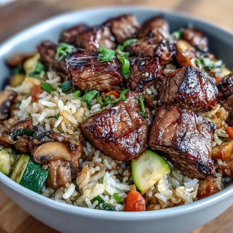 Juicy hibachi steak stir-fried with fluffy rice and fresh vegetables, perfect for dinner.