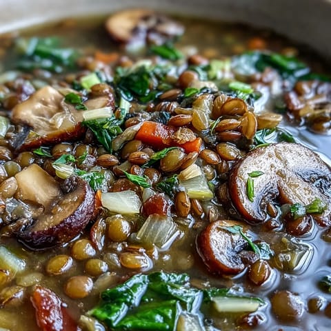 Rustic Double Lentil and Mushroom Barley Soup served in a ceramic bowl with crusty bread. 