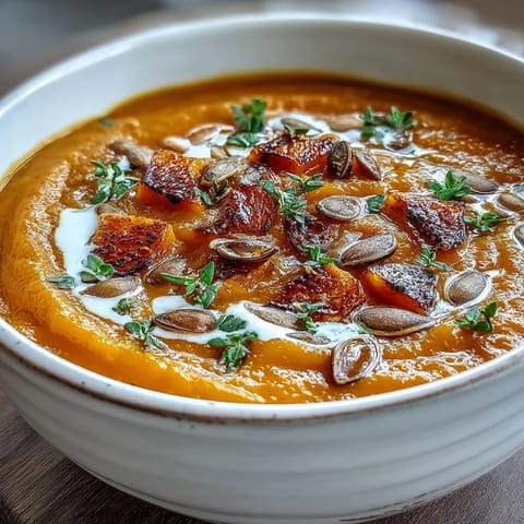 Creamy roasted butternut squash soup served hot with a swirl of cream and crusty bread.