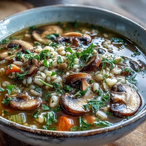 Savory Mushroom Barley Soup ladled into a white bowl, ready to be served hot.