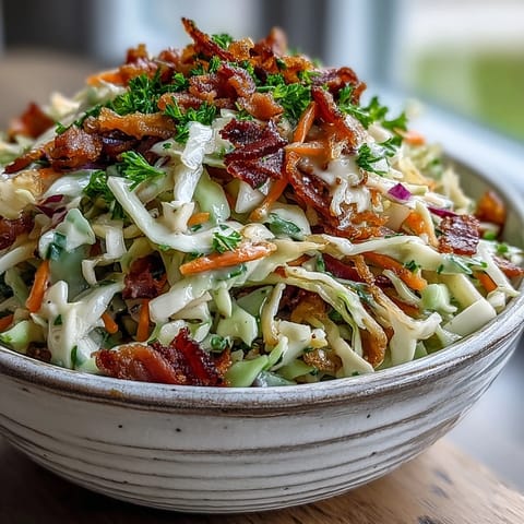 Colorful German cabbage coleslaw with shredded ham and fresh parsley garnish, ready to serve as a hearty salad side dish.