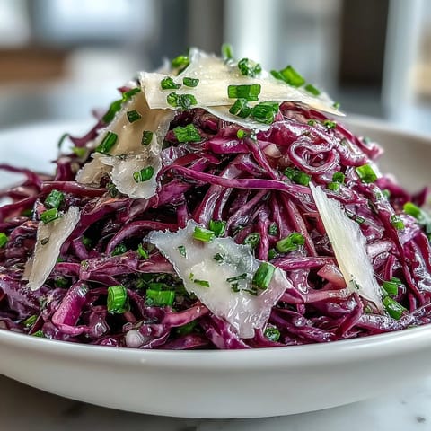 Crunchy vegetarian Red Cabbage Coleslaw With Apple and Parmesan, topped with fresh parsley and served in a rustic ceramic bowl.