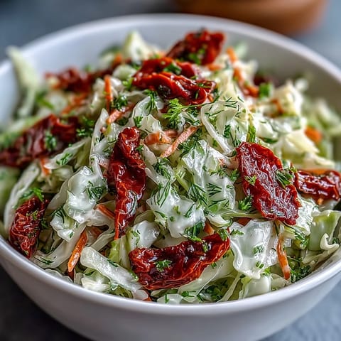 Crunchy red and green cabbage salad with sun-dried tomatoes, served ready to enjoy.