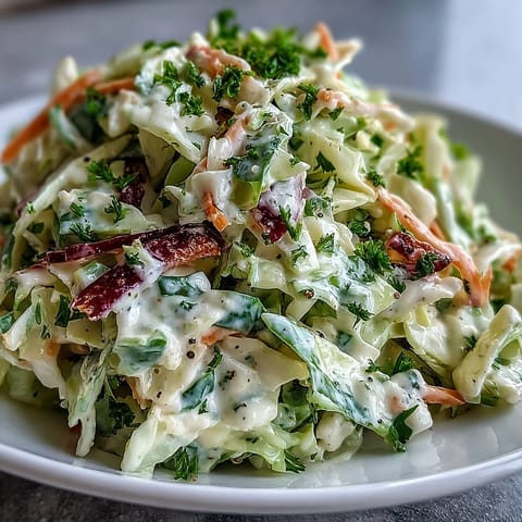 Chilled Coleslaw with Creamy Dressing features shredded purple and green cabbage, carrots, and a tangy mayo-based sauce.