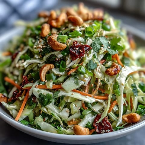 A vibrant bowl of Asian Cabbage Salad topped with chopped roasted cashews and toasted sesame seeds, perfect for a light, crunchy vegan side dish.