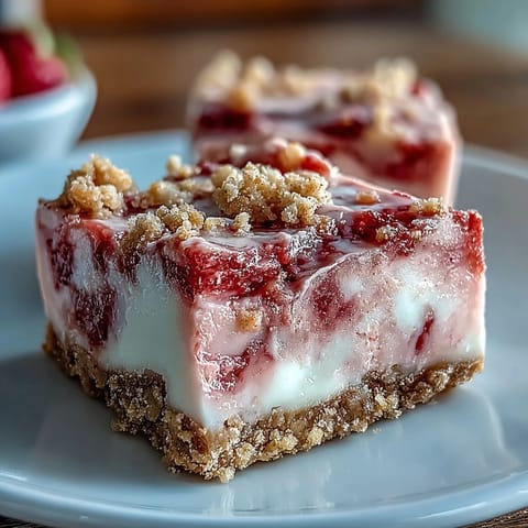 Four vibrant pink No-Bake Strawberry Fudge Squares are stacked, with fresh strawberry slices and graham cracker crumbs nearby.