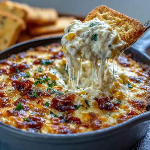 Spicy Crack Corn Dip with golden melted cheese, sweet corn, and jalapeños, served warm from the oven for dipping.