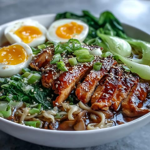 A close-up of Healthy Miso Chicken Noodle Bowls reveals soft-boiled egg halves, sliced chicken, and crisp bok choy in a savory broth.