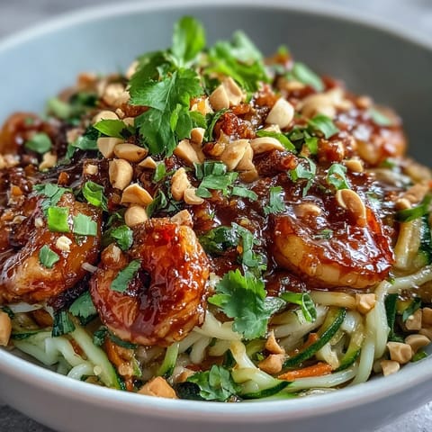 This Asian Noodle Bowl features tender shrimp, fresh veggies, and crunchy peanuts topped with cilantro.  