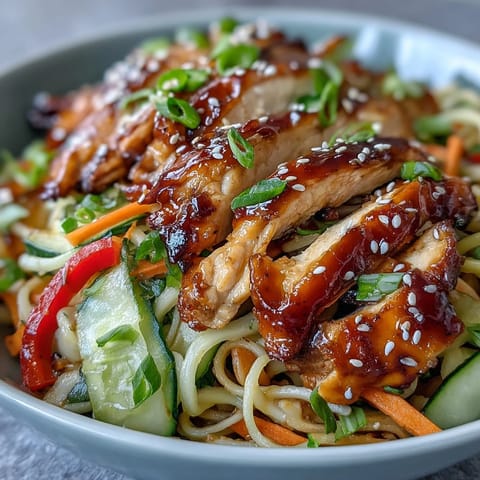 A serving of Asian Chicken Noodle Bowl garnished with fresh cilantro and sesame seeds, with lime wedges on the side and chili flakes for extra heat.