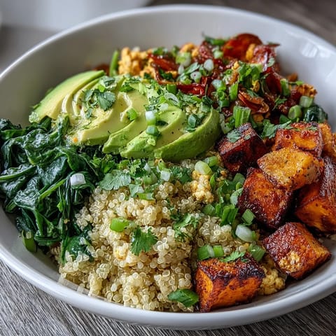 Golden-brown tofu scramble, fluffy quinoa, roasted sweet potatoes, and creamy avocado make a vibrant Tofu Scramble Vegan Breakfast Bowl.