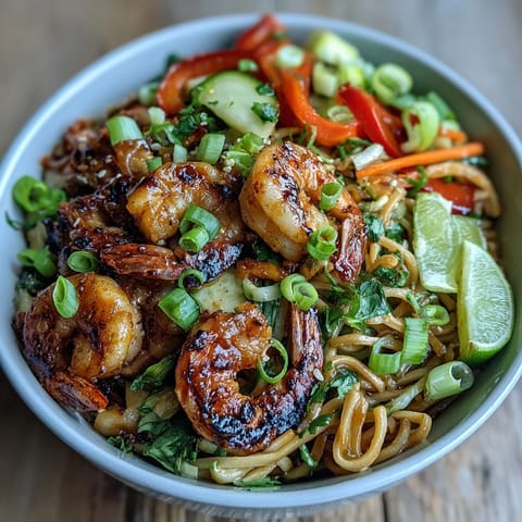 Grilled shrimp nestled on sesame noodles, topped with crisp carrot, cucumber, and red bell pepper in a vibrant Asian noodle bowl.  