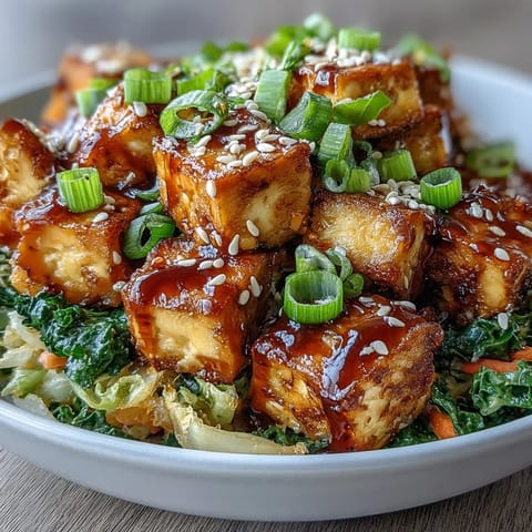 A close-up of Tofu Egg Roll in a Bowl, showcasing golden pan-fried tofu cubes nestled among vibrant, crisp shredded cabbage, kale, and julienned carrots, all glistening with a savory sesame-ginger sauce.  
