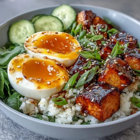 A vibrant Tofu Jammy Egg Breakfast Bowl features fluffy rice, crisp cucumber and carrots, and a drizzle of zesty ginger scallion sauce.