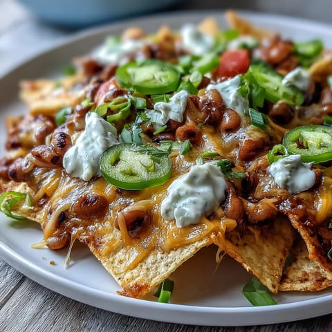 Golden, melted cheddar coats crispy tortilla chips with black-eyed peas, sour cream, and fresh jalapeño slices.