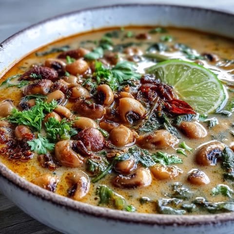 Creamy Black-Eyed Pea Curry simmered in coconut milk, topped with fresh cilantro and served alongside fluffy basmati rice.