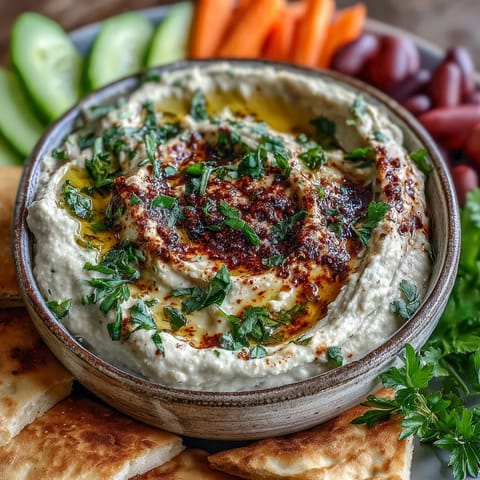 A bowl of creamy Black-Eyed Pea Hummus garnished with olive oil, smoked paprika, and fresh parsley.