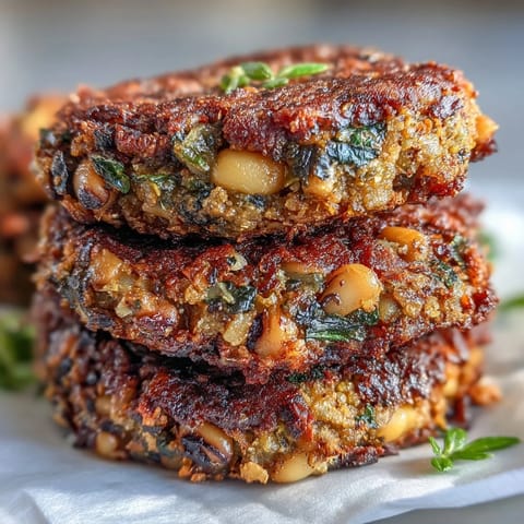 Four golden Black-Eyed Pea Burger Patties are baked on a parchment-lined sheet, showing a crisp exterior and tender, speckled interior.