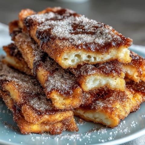 Spanish Churro-Inspired Pancakes stacked high, dusted with cinnamon sugar, ready for a drizzle of warm chocolate sauce.