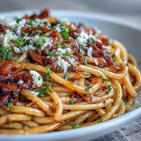 A skillet of caramelized onions with garlic, bathed in a paprika chili oil, waits to be tossed with cooked spaghetti for a bold meal.