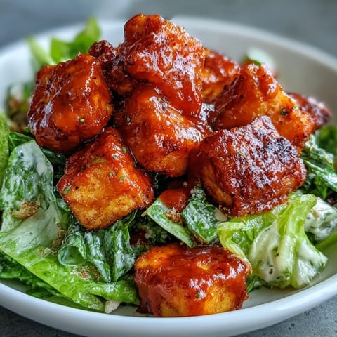 Crispy Buffalo Tofu with Creamy Caesar Salad features spicy baked tofu tossed in hot sauce and served over crisp romaine.