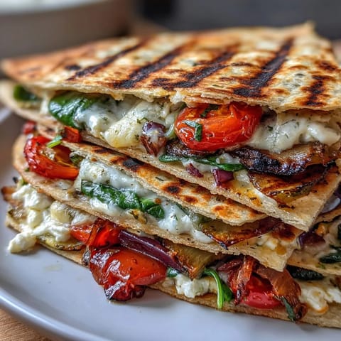 A close-up of crispy Grilled Mediterranean Veggie Quesadillas with fresh spinach, cherry tomatoes, and feta.