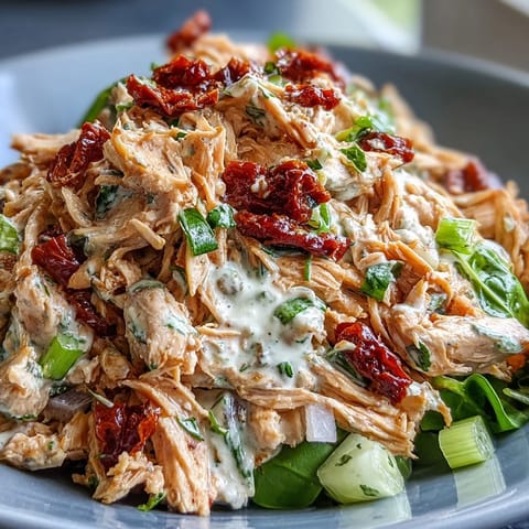 Creamy Sun-Dried Tomato Chicken Salad with tender shredded chicken, crunchy celery, and vibrant red onion in a basil-garlic dressing.