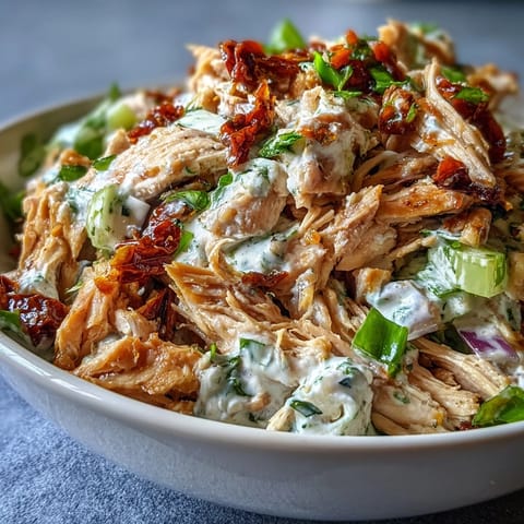 Sun-Dried Tomato Chicken Salad mixed in a bowl, perfect for filling pita bread, sandwiches, or serving on top of crunchy crackers.
