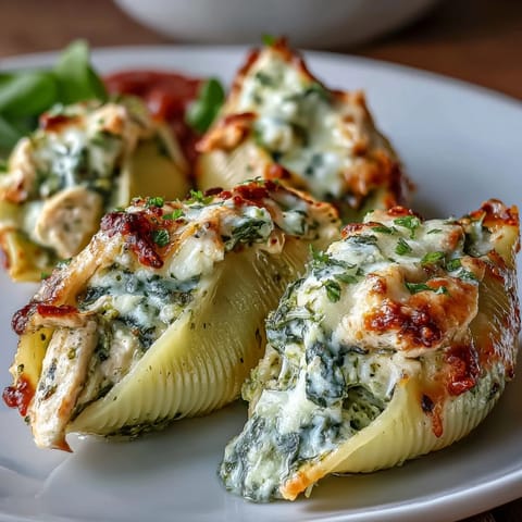 Bubbling mozzarella tops baked Pesto Chicken Stuffed Shells in marinara sauce, served on a white plate.