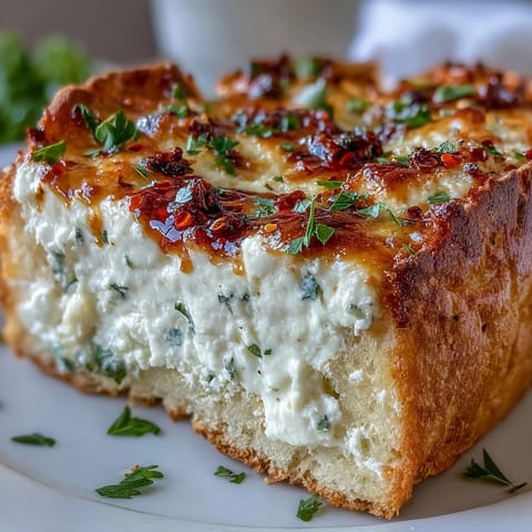 Sliced Hot Honey Ricotta Garlic Bread showing crispy edges, a soft interior, and fresh parsley garnish on a rustic wooden board.