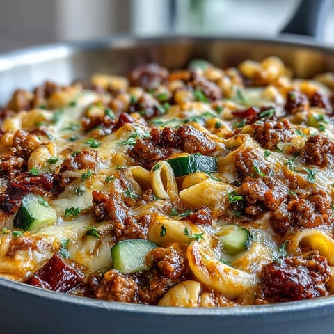 Steaming One-Pan Cheeseburger Chili Mac in a rustic cast-iron skillet, topped with fresh diced tomatoes and parsley. 