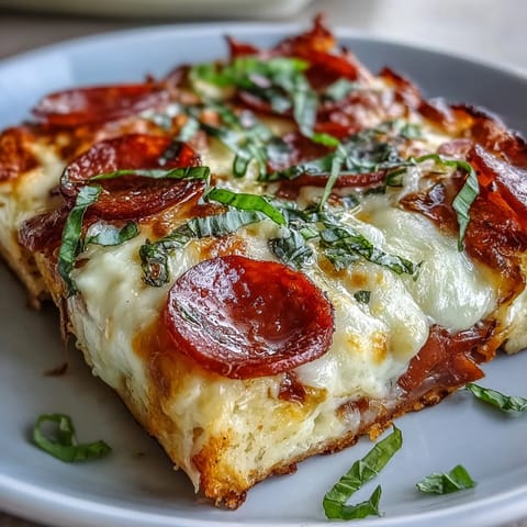 A close-up slice of High-Protein Pizza Breakfast Casserole reveals golden, bubbly mozzarella and cheddar over an egg layer, speckled with turkey pepperoni and diced red bell peppers. It's served on a white plate next to a small bowl of marinara for dipping, showcasing the hearty, meal-prep-friendly texture.