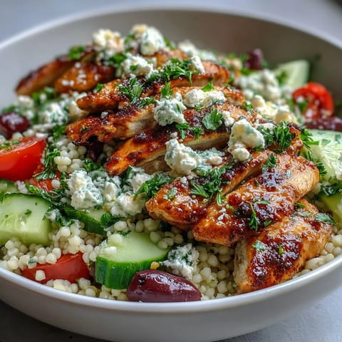 Healthy Mediterranean Pearl Couscous Chicken Bowls served in white bowls with fresh parsley, red onion, and a zesty red wine vinaigrette drizzle.