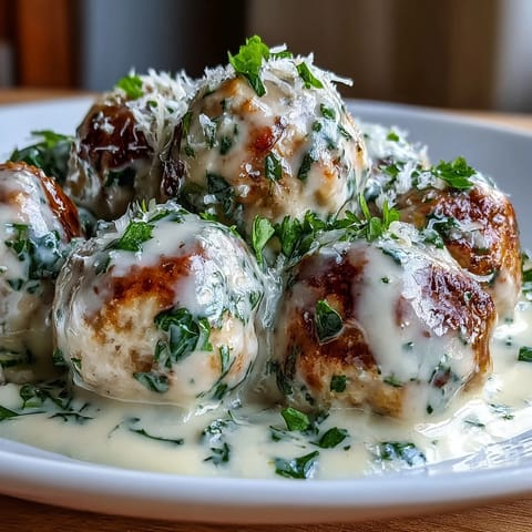 A close-up of Creamy Garlic Ranch Turkey Meatballs in luscious sauce, paired with fluffy mashed potatoes and a fork.