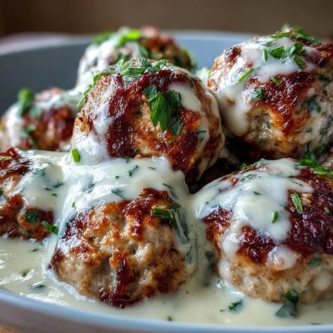 Freshly baked turkey meatballs coated in a velvety garlic cream sauce, prepared as Creamy Garlic Ranch Turkey Meatballs.