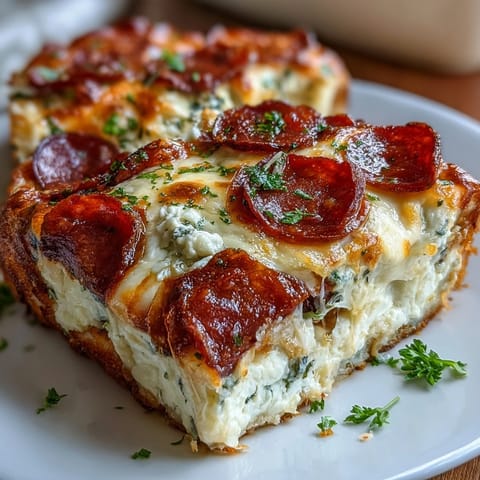 Sliced High-Protein Pizza Breakfast Casserole reveals fluffy eggs and cheese on a Greek yogurt crust, plated for serving.