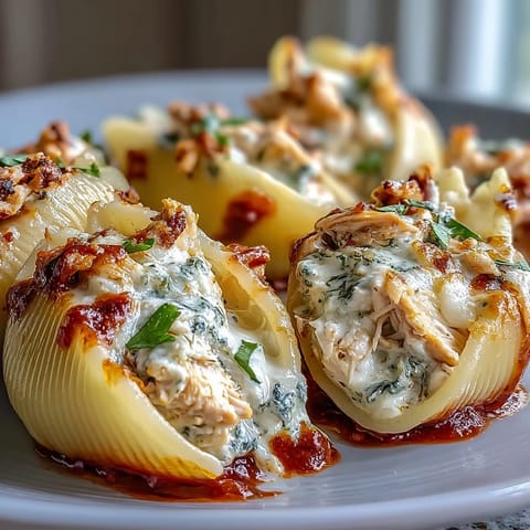 Four tender jumbo pasta shells filled with creamy pesto chicken and Greek yogurt, topped with melted mozzarella and baked in marinara sauce. 