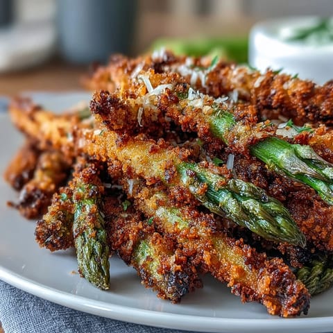 Oven-baked Crispy Chili-Garlic Asparagus Fries feature crunchy panko crusts speckled with herbs and spices for a spicy kick.