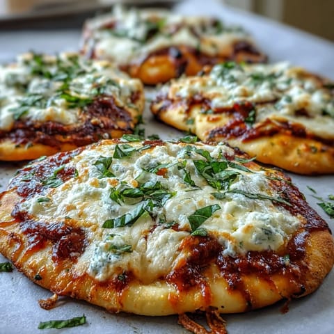 A close-up view of homemade Garlic Naan Margherita Pizzas with melted cheese and tomato sauce, perfect for a quick weeknight dinner.