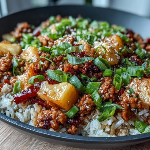 Fluffy rice and Korean-spiced ground turkey topped with green onions and sesame seeds.